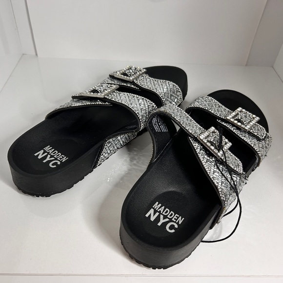 Madden NYC Black 9 Bling Rhinestone Buckle Adjustable Slide-On Footbed Sandals - Picture 5 of 5